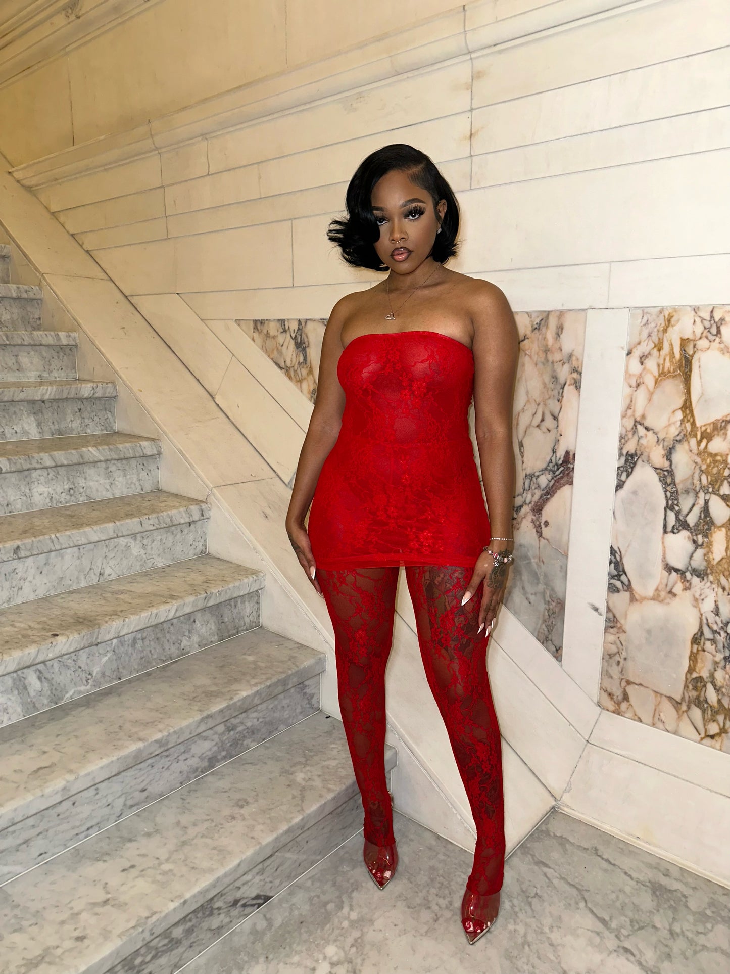 Date night lace dress set Red